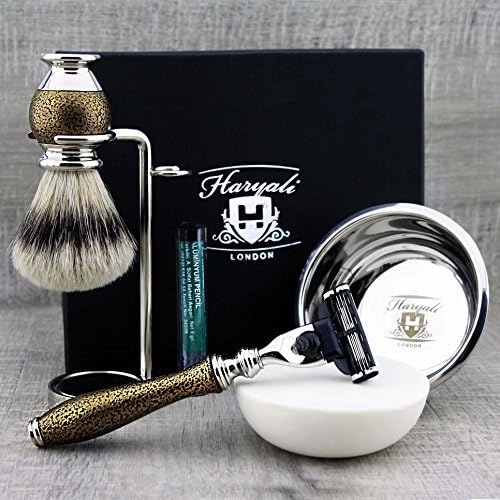 Haryali London 6Pc Mens Shaving Kit 3 Edge Razor, Silver Tip Badger Hair Brush, Bowl, Stand, Soap and Alum Perfect Gift Set For Men - Image 3