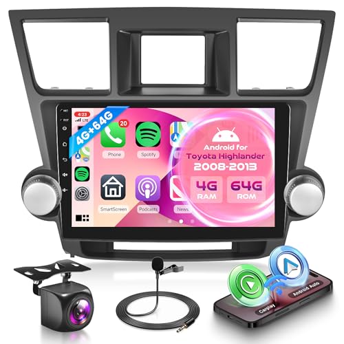 Orderich 4G+64G Car Radio for Toyota Highlander 2008-2013 with Wireless CarPlay Android Auto, 10.1 Inch Touchscreen Android Car Stereo with GPS Navigation WiFi SWC Bluetooth FM RDS 32EQ Backup Camera