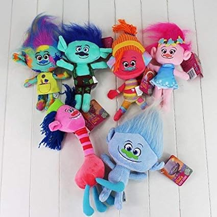 HT TOYS 6pc/Set Trolls Toy Poppy Branch DJ Suki Cooper McKenzie Guy Diamond Plush Toy Stuffed Dolls with Long Hair 23-30cm