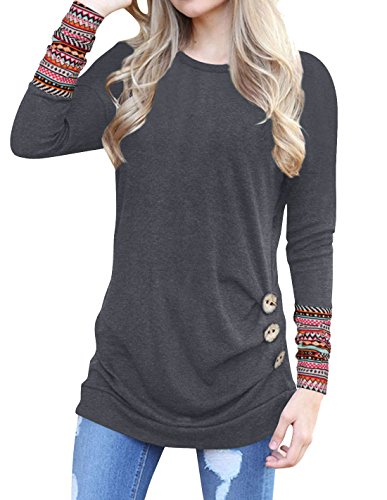 Anicco Womens Long Sleeve Casual Round Neck Loose Tunic Top Blouse T-Shirt StyleB-Black-L