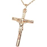 FC JORY White & Rose Yellow Gold Plated Cross Jesus Christ Crucifix Cross Pendant Chain Necklace