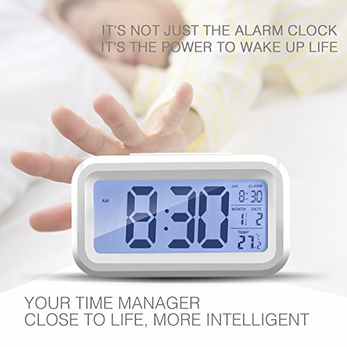 Alarm Clock Digital LCD Large Display Battery Operated Portable Modern Smart Snooze Silent Backlight Senor Date Time Temperature Clock for Heavy Sleepers Bedroom Kitchen Office Travel (white)