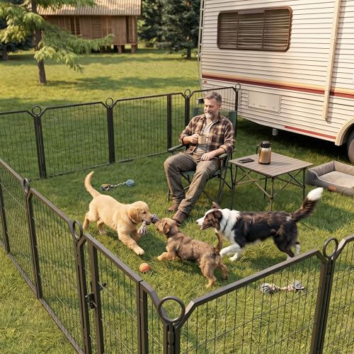 Garvee Dog Playpen 32 Inch 16 Panels Pet Pen with Door & Ground Stakes, Heavy Duty Steel Exercise Fence, Foldable Portable Puppy Playpen for Indoor Outdoor Yard RV Camping, Small Medium Dogs