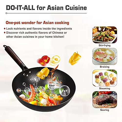 Anyfish Carbon Steel Wok Pan 13" Woks and Stir Fry Pans with Lid, No