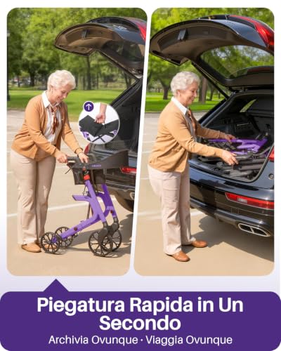 Kekoy Deambulatore per Anziani 4 Ruote con Seduta, Pieghevole, 181 kg Portata, Sedile 44 cm Largo, Ruote 25 cm Per Tutti I Terreni, Altezza Regolabile, Freni con Cavi Nascosti, Portaoggetti, Viola