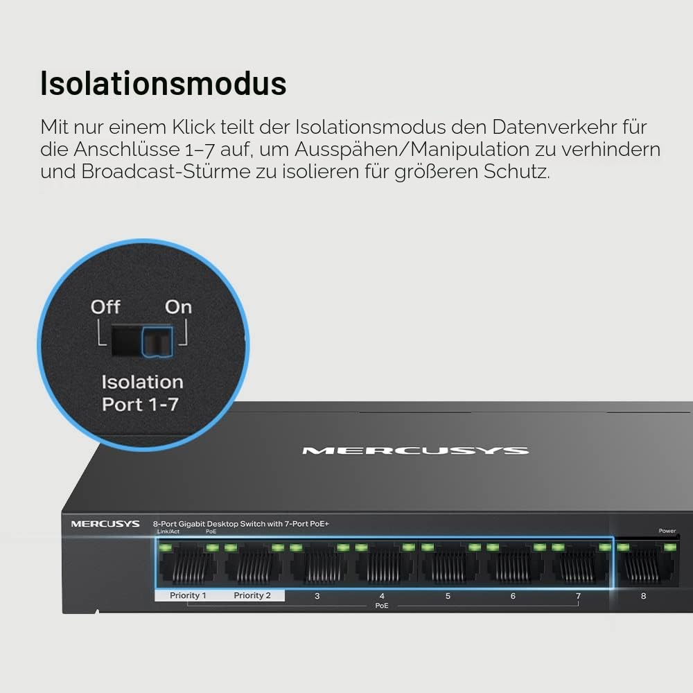Mercusys MS108GP PoE Switch 8-Port Gigabit LAN Switch mit 7 PoE+ Ports, bis zu 30 W pro PoE-Port und 65 W für alle PoE-Ports, 802.3af/at PoE, lüfterlos, Plug-and-Play, Robustes Metallgehäuse 7