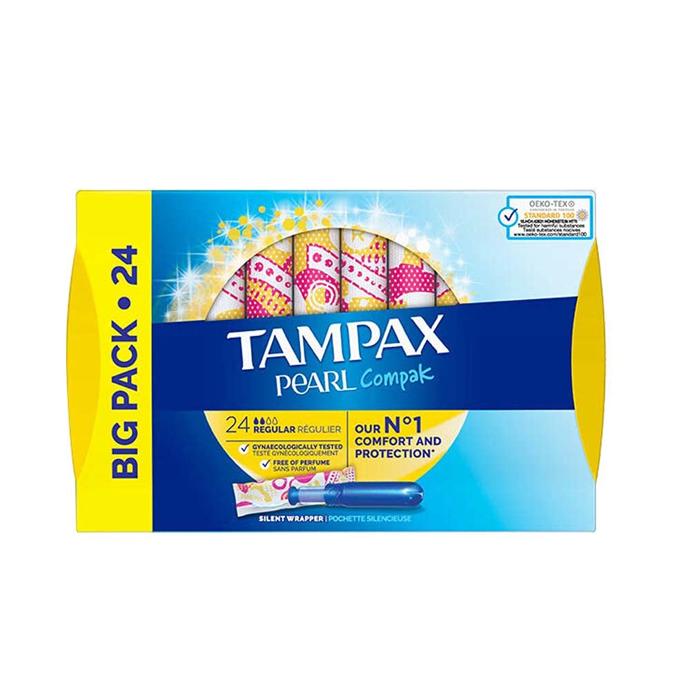 Tampax Compak Pearl Regular Insertion Sleeve Tampons, Blue, 24 Count