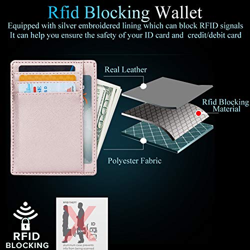 Linscra Small Genuine Leather RFID Blocking Minimalist Wallet Credit ID Card Holder Travel Slim Pocket Wallet Money Clip Men Women, Blue - Thumbnail 3