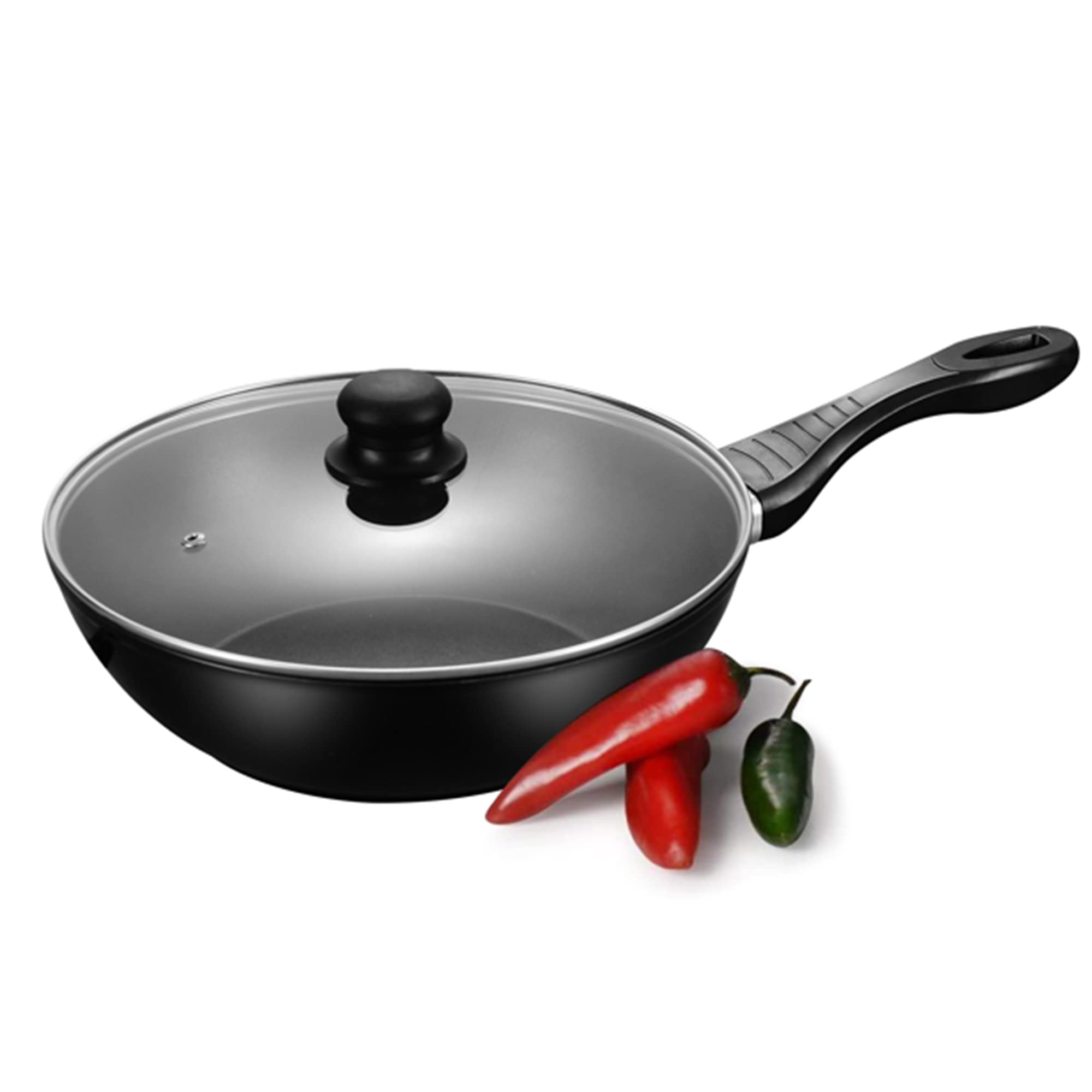 Qesnox Wok Stir Fry Pan with Glass Lid 28CM - Non Stick Induction Wok Deep Frying Pan with Heat Resistant Handle - All Stoves Compatible - PFOA Free Scratch Resistant Coating.