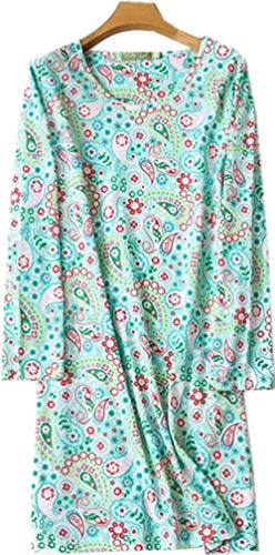 H-DSTORY Women's Long Sleeves Nightgown Cotton Sleepwear Print Tee Sleep Dress Lucky04-Green Fashion-M