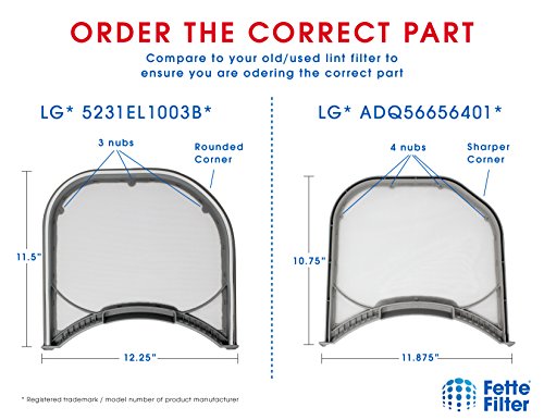 Fette Filter - Dryer Lint Screen with Felt Rim Seal Compatible with LG. Compare to Part # 5231EL1003B. 2-Pack