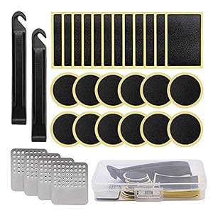 Eeneme 30pcs Bike Tire Repair Kit, Pre-glued Bicycle Tube Puncture Repair Tool Set with Metal Rasp Tyre Levers Glueless…