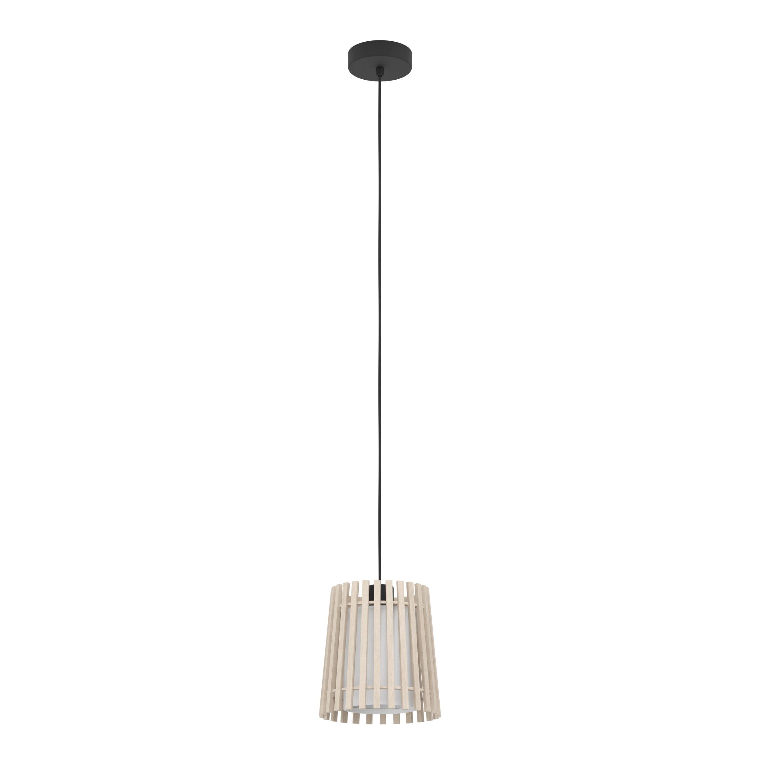 Eglo Pendant Lighting Fattoria, Ceiling Light Fitting for Dining Room, Hanging lamp Made of Bright Wood, White Fabric and Black Metal, E27 Socket, Ø 8" — image 1