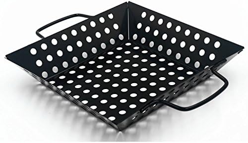 waykea Non-Stick Veggie Grill Basket with Handle | 9” x 9” Square Wok Pan Accessory for Grilling Vegetable, Shrimp, Meat, BBQ Camping Cookware | Charcoal, Gas Grill Safe