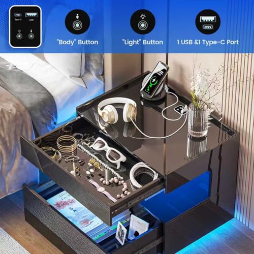 Modern Night Stand with 2 Drawers, Bedside Table with Charger Station, LED Nightstand with Lights & Human Sensor, Smart End Table for Bedroom, Black