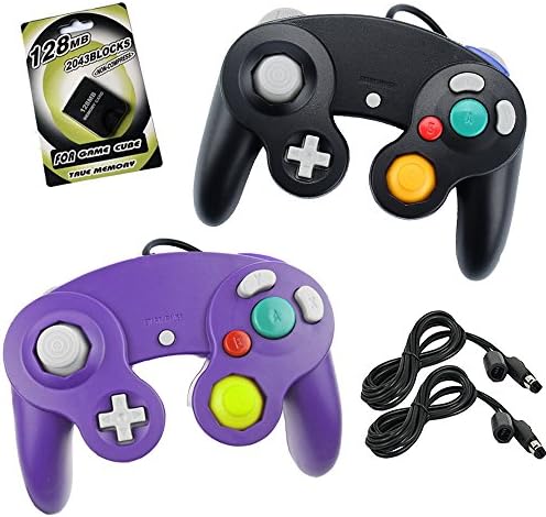 Koalud 2 Packs NGC Wired Gamepad Controllers with 2 Extension Cables 1.8m and 128mb Memory Card for Nintendo Wii GameCube Game Cube GC Console(Black and Purple)