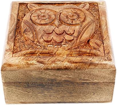 Mothers Day Gifts Hand-Carved Hinged Solid Mango Wood Trinket Multipurpose Boxes Owls Sitting On Branches