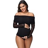 JustVH Women's Sheer Mesh Maternity Bodysuit for Photoshoot Long Sleeve Off Shoulder Pregnancy Photography Outfits