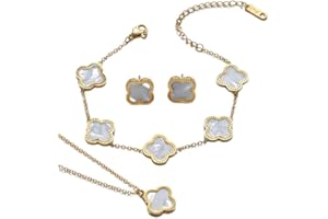 HuGia Four Leaf Lucky Clover Jewelry Set, Minimalist Creative Plant Flower Design Four leaf clover 18K Gold Plated Stainless Steel Pendant Necklace Earrings Bracelet Jewelry Set include BOX