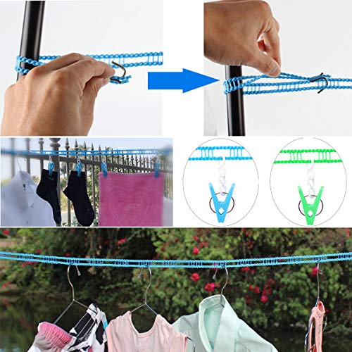 Clotheslines Foshine 2 Pack Clothesline Clothes with 24 pcs Clips Drying Rope Portable Windproof