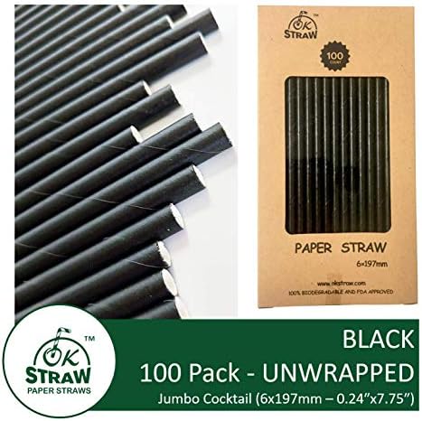 Biodegradable Paper Straws by OKSTRAW for Restaurants, Cafes, Party Supplies, Birthday, Wedding, Bridal/Baby Shower Decorations and Celebrations (100, Black)