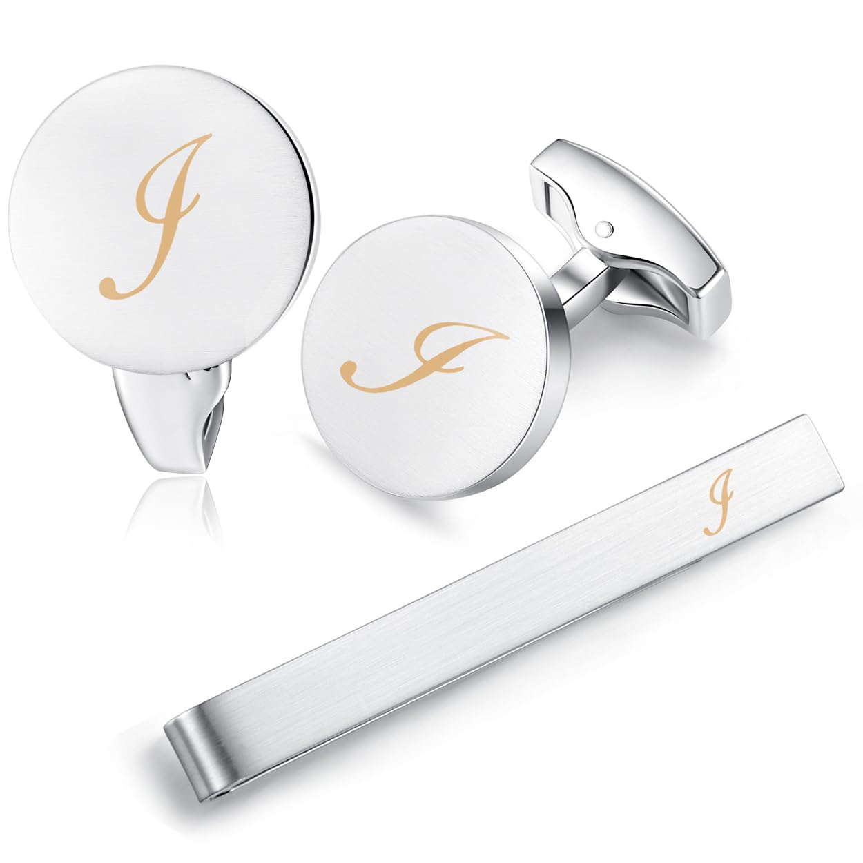 HONEY BEAR Initial Alphabet Letter Cufflinks Tie Clip Set for Mens - Brushed Silver Round for Business Wedding Gift A - Z