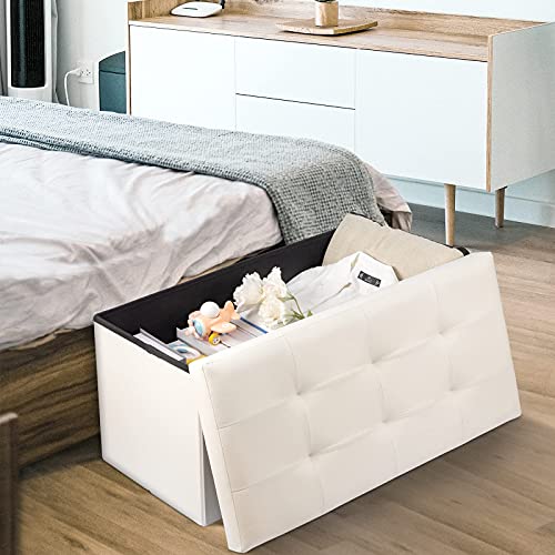 Camabel Pouf Contenitore Ottomane Puff Poggiapiedi Sgabello Pieghevole Portata Cassapanca Contenitore Carico Fino a 150 kg Beige110L in Ecopelle