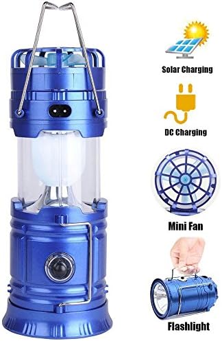 LED Camping Lantern,WONFAST Portable Rechargeable Solar Emergency Collapsible Tent Lantern Flashlight with Mini Fan for Outdoor Fishing Hiking Hunting (Blue)