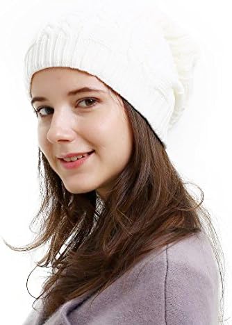 Unisex Trendy Warm Oversized Chunky Soft Cable Knit Slouchy Beanie Hat Double Layer White One Size
