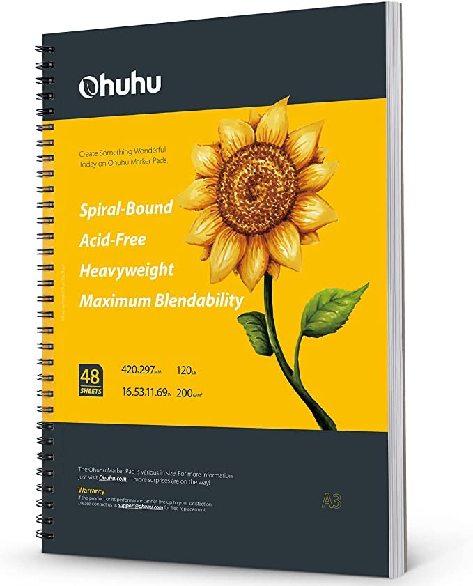 Ohuhu A3 Sketchbook for Alcohol Markers - 200GSM Heavyweight Paper, 96 Pages (48 Sheets), Large Drawing Pad, Spiral Bound with Hardback Cover - A3 Large Format โ image 1