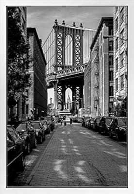 Amazon Com The Manhattan Bridge From Dumbo Brooklyn Black And White Bw Photo Photograph White Wood Framed Poster 14x Posters Prints