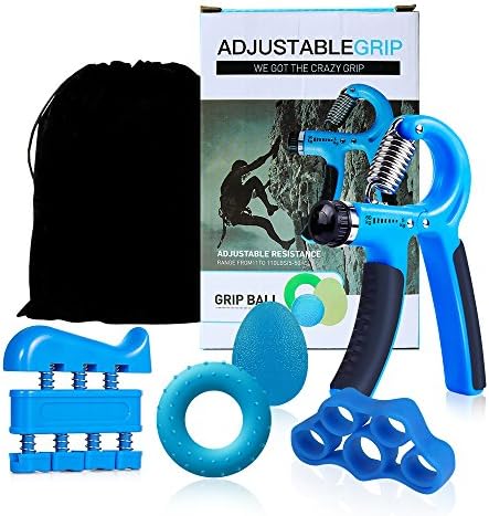 Hand Grip Strengthener Workout Kit (5 Pack) - Adjustable Forearm Hand Gripper 22-88lbs Finger Strength Exerciser Resistance Band Hand Crip Ring Strengthener Ball Range Carrying Bag (Blue)