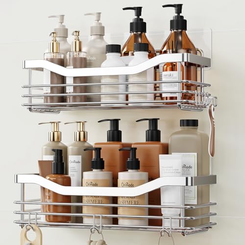 Orimade Shower Shelf No Drilling Stainless Steel Shower Shelf with 5 Hooks Shower Baskets for Bathroom Kitchen Toilet Pack of 2