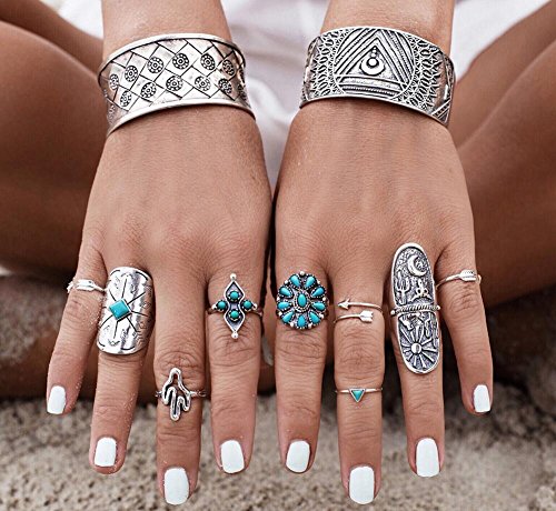 1set/lot Bohemian Style Vintage Anti Silver Color Rings turquoise deer Fawn geometry arrow Rings Set for women (style 1)