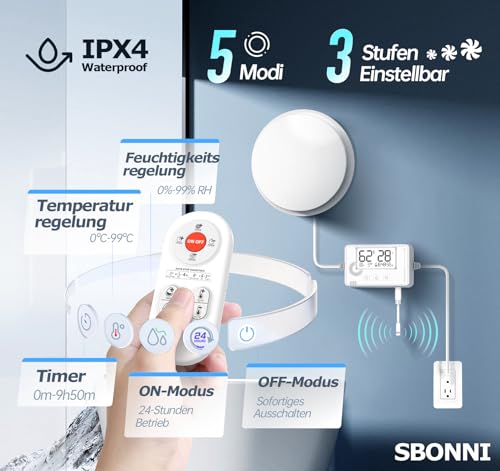 SBONNI 3 Levels Bathroom Fan with Humidity Sensor Temperature Sensor Timer, Bathroom Fan 100 mm with Remote Control, Real Time Display Humidity and Temperature, Powerful Quiet Extractor Fan P109