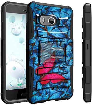 Untouchble Case for HTC U11 Case, HTC Ocean Butterfly Holster Case, HTC U 11 Case [Heavy Duty Clip]- Shockproof Swivel Holster Case with Built in Kickstand - Blue Pink Butterfly
