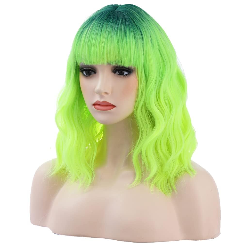 Photo 1 of BERON 14 Inches Neon Green Wig with Bangs Short Curly Lemon Green Wigs with Dark Root for Women Daily Party Hairnet Include