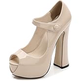 Women's Peep Toe Hidden Platform Ankle Strap Chunky High Heel Pumps PU Apricot Tag 44 - US B(M) 11