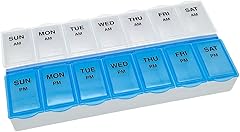 Amazon Basic Care (7-Day) AM/PM Pill Organizer, Vitamin Case, And Medicine Box, Large Compartments, 2 Times a Day, Blue and C