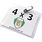 Bulk 25 Pack - Premium Event Badge Holder 4x3 with Clothing Friendly Clip - Clear Vinyl Plastic Top Load 3x4 Horizontal Name Tag Protector Sleeve for Work Meeting, Conference by Specialist ID