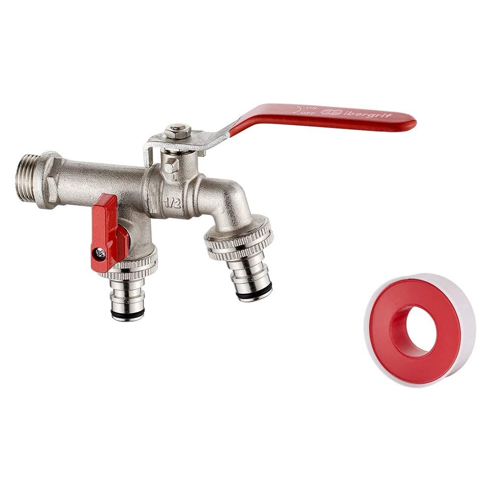 Ibergrif M22203 Double Garden Tap Brass with Connector, Outdoor Water Tap Inlet Dual Outlets, 2 Way Ball Valve Outside Faucet, Freeze -10℃, Heat Resistant 120℃