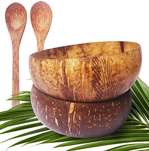 VIBE Coconut Bowl and Spoon Set (x2) Mix and Match - 7 Designs, Hand-Carved and Sustainably Produced By Top Coconut Bowl Artisan - Premium, Vegan, Buddha Smoothie Bowls (Moana)