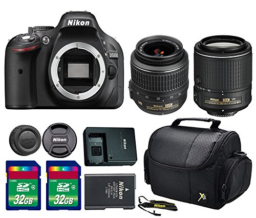 Nikon D5200 DSLR Camera + AF-S DX NIKKOR 18-55mm f/3.5-5.6G VR Lens + AF-S DX NIKKOR 55-200mm f/4-5.6G ED VR II Lens + 2PC 32 GB SDHC Memory Cards + Rear Lens Cap + Strap - International Version