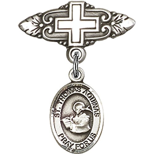 Sterling Silver Baby Badge with St. Thomas Aquinas Charm and Badge Pin with Cross 1 X 3/4 inches