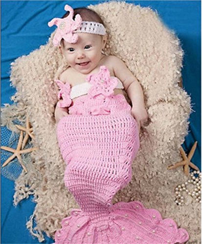 Newborn Baby Girl Crochet Mermaid Three-piece Outfit Set Costume Photo Prop