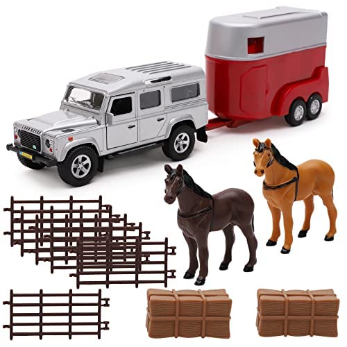 Toyland® Horse Transporter Set - 4x4 Silver Car & Horse Box With Accessories - Farming Toys - Die Cast Metal