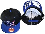 New York City Knicks Yankees Mets Islanders Rangers Giants Jets MLB NFL NHL NBA NY Flat Bill Adjustable OSFA Snapback Baseball Hat Cap with Snap Back Enclosure Black and Royal Blue with Red, White, and Blue Lettering and New York Written in Large Letters in the Under Side of the Brim