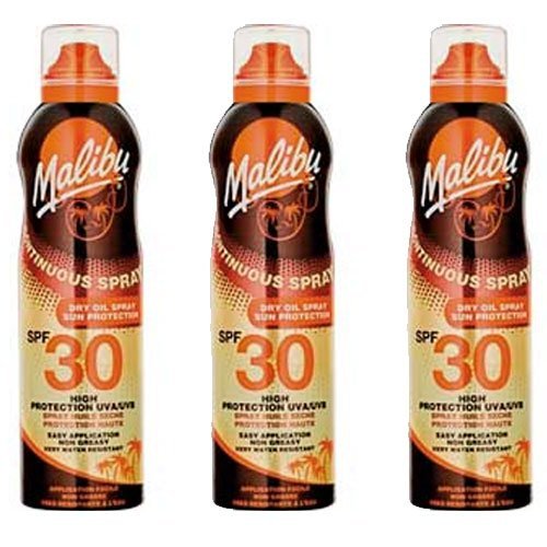 3 Malibu Aerosol Continuous Dry Oil Sprays SPF 30. Pack Contains 3 Bottles - 175ml Each