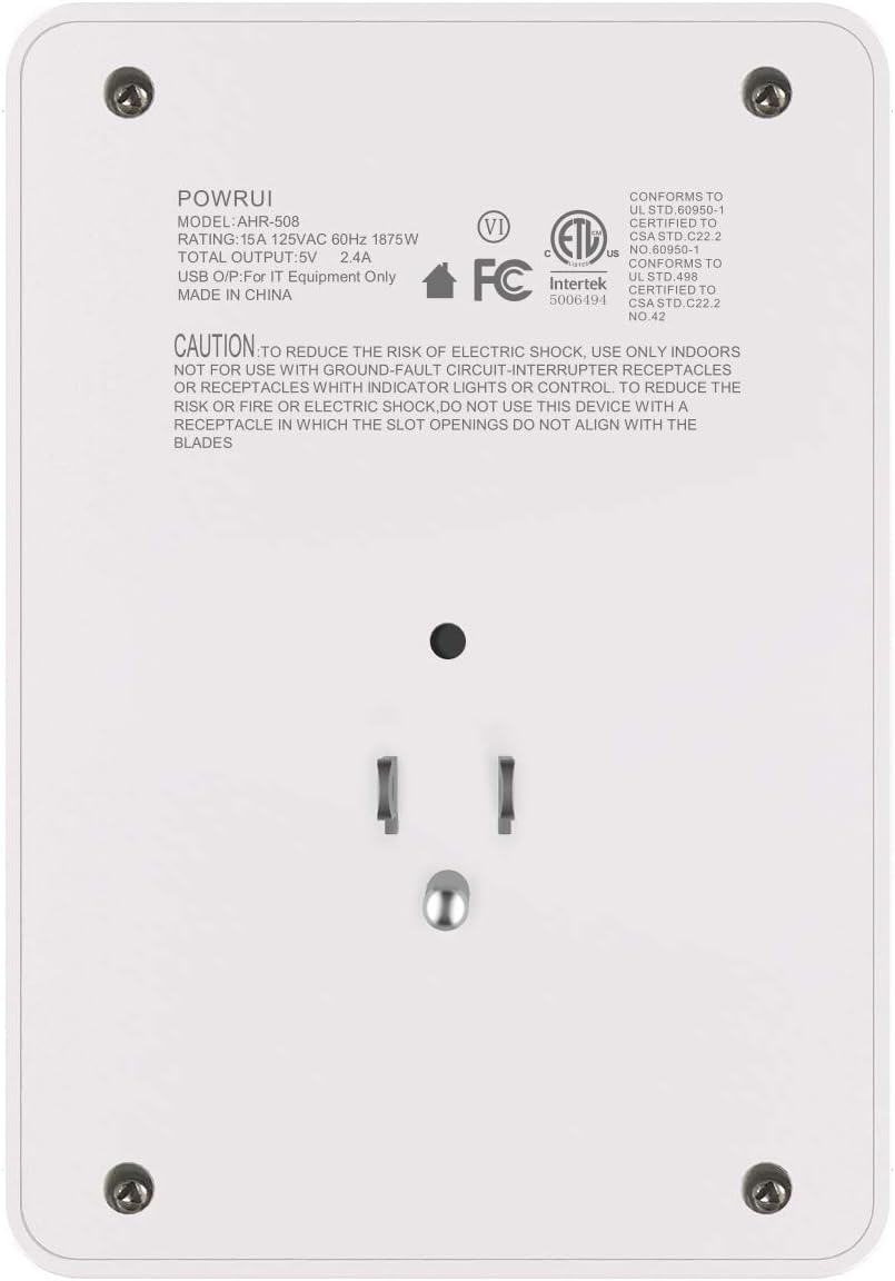 USB Wall Charger, Surge Protector, POWRUI 6-Outlet Extender with 2 USB Charging Ports (2.4A Total) and Night Light, 3-Sided Power Strip with Adapter Spaced Outlets - White，ETL Listed: Electronics
