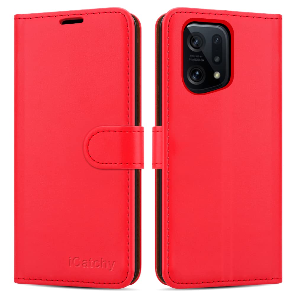 iCatchy for OPPO Find X5 5G Case Leather Wallet Book Flip Folio Stand View Cover Magnetic Closure with Card Slots and Kickstand Cover Compatible with OPPO Find X5 5G Phone (Red)